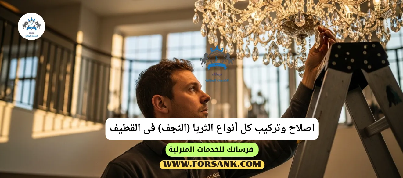 فني متخصص من فرسانك يقوم بتركيب ثريا كريستال فاخرة بحرص ودقة في القطيف